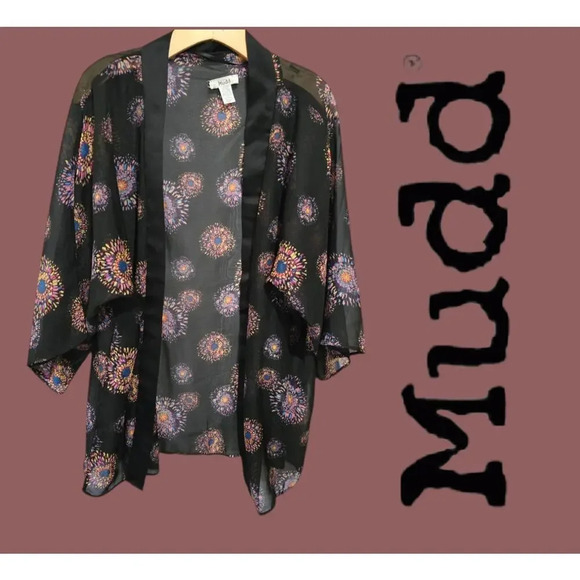 MUDD women's black multicolor Pattern semi-sheer short sleeves kimono cardigan​ - Picture 7 of 7